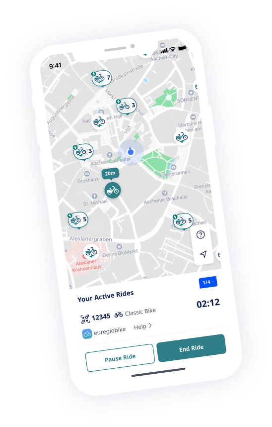 nextbike App Screenshot zeigt die Stationskarte von Euregiobike Aachen